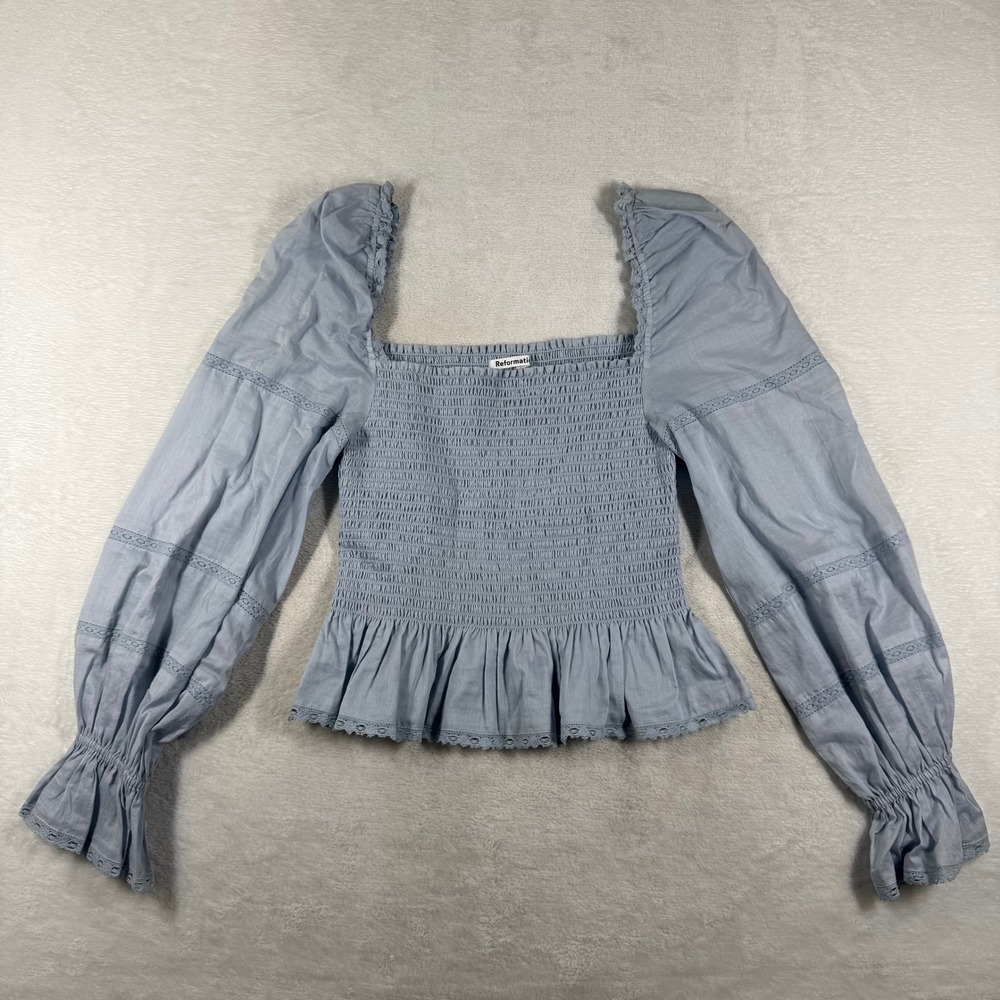 Reformation Roland Top Mineral Blue Organic Cotton Smocked Puff Sleeve Peplum M